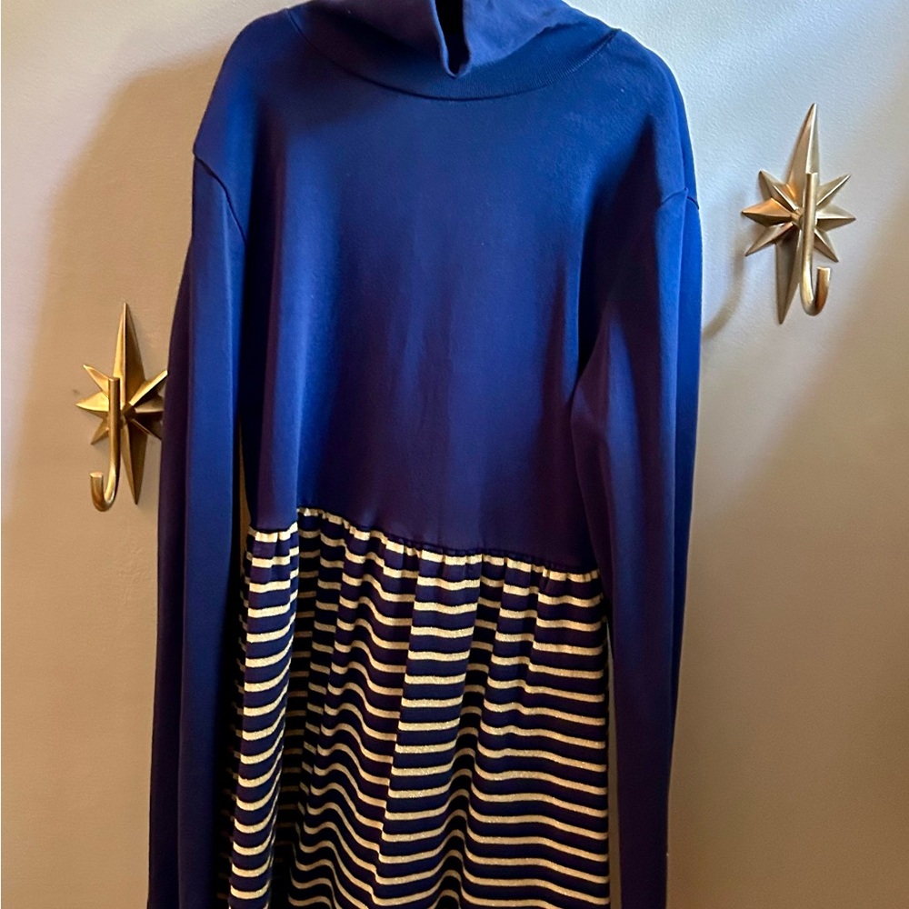 Mini Boden Navy turtleneck dress with metallic stripe skirt, size 11-12